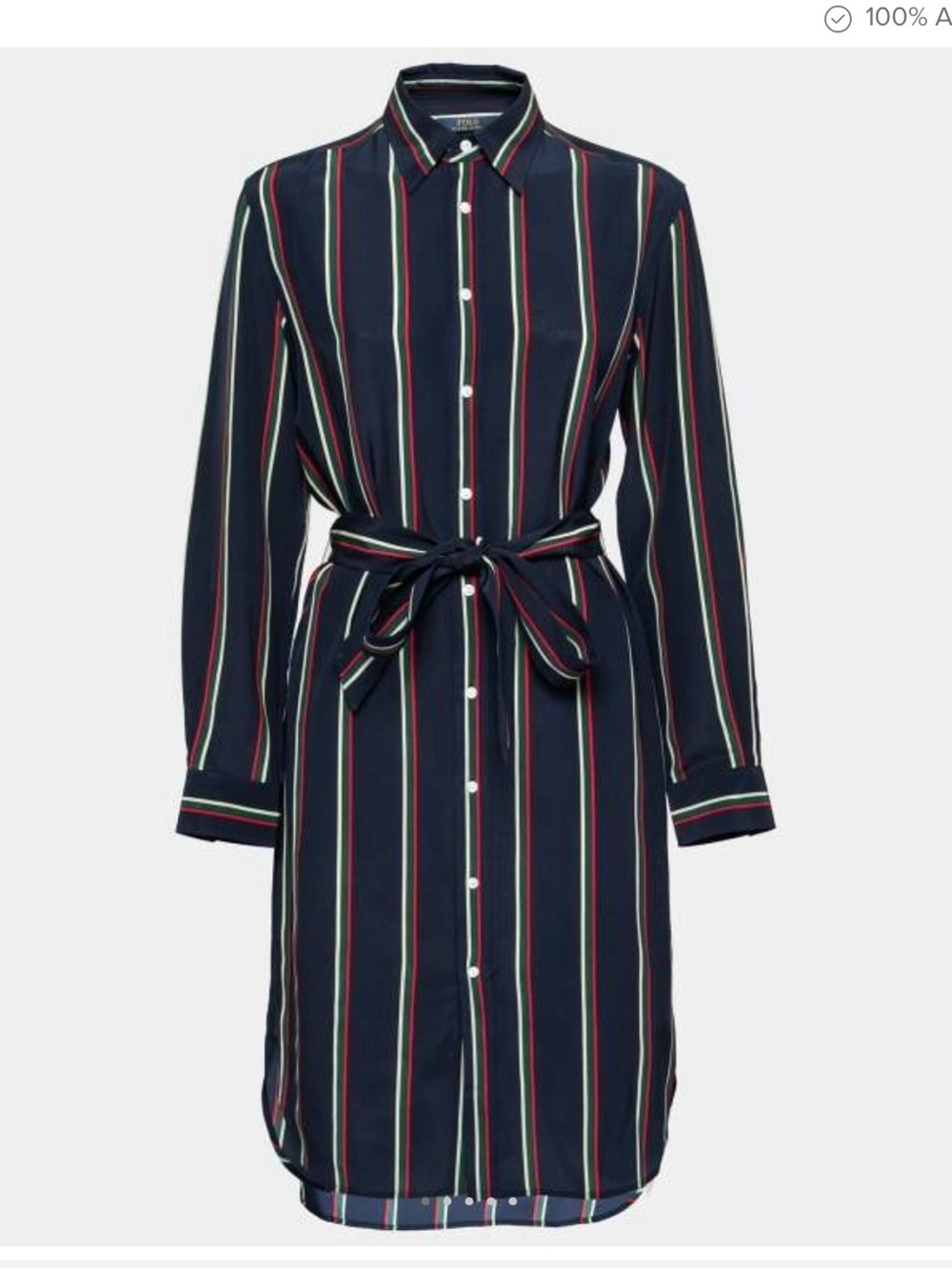 Polo Ralph Lauren Navy Striped 100% Silk Belted Shirt Dress